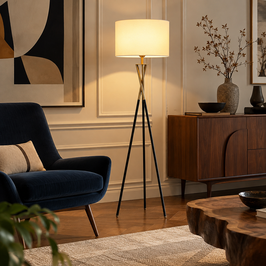 Nordic-style tripod floor lamp in iron and wood