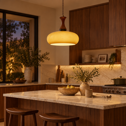 Bauhaus Persimmon Wood & Glass Pendant Light