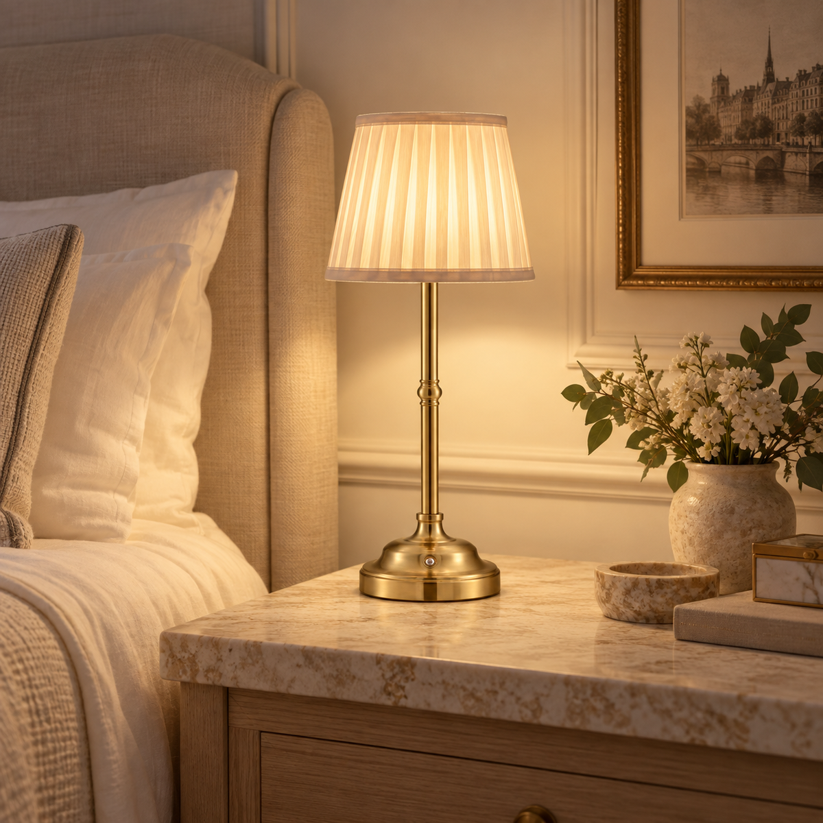 Rechargeable LED Table Lamp with Pleated Shade – 3 light temperatures