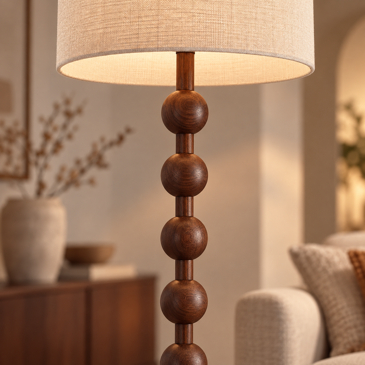 Wabi-Sabi Floor Lamp with Walnut Finish – Round fabric lampshade