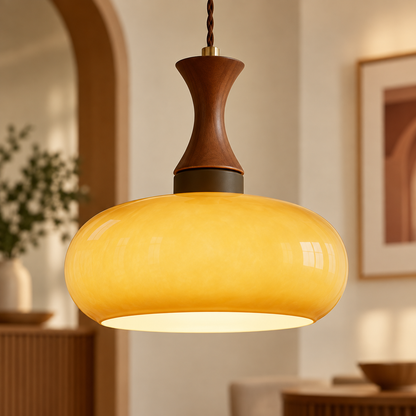 Bauhaus Persimmon Wood & Glass Pendant Light