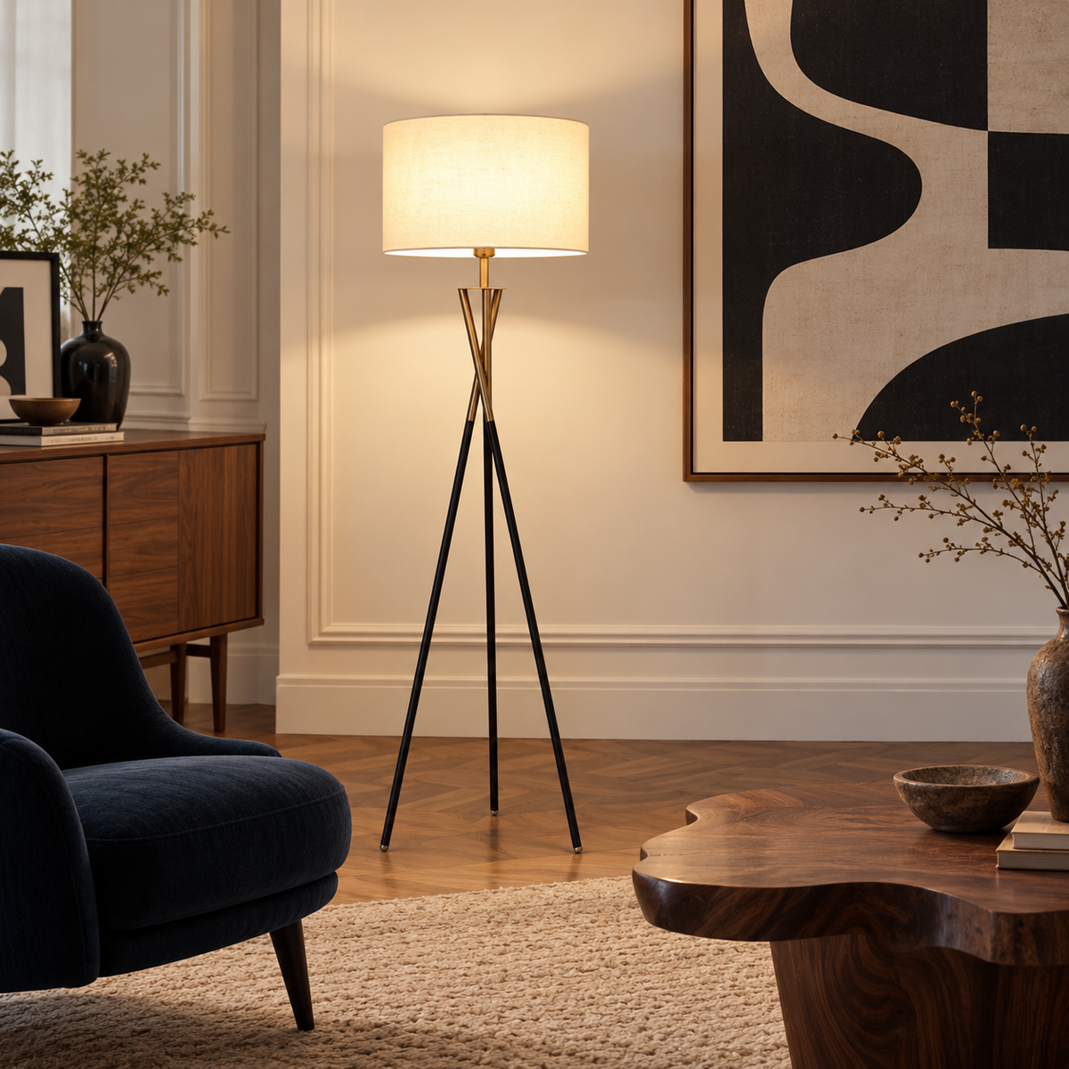 Nordic-style tripod floor lamp in iron and wood – Ideal for the living room, bedroom or relaxation area
