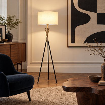 Nordic-style tripod floor lamp in iron and wood – Ideal for the living room, bedroom or relaxation area